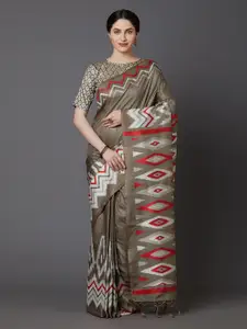 Mitera Grey & Red Silk Blend Woven Design Saree