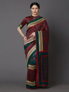 Mitera Red & Teal Green Silk Blend Printed Saree