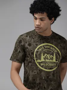 Wildcraft Men Olive Green  Yellow Camouflage Printed Pure Cotton T-shirt with Printed Surface logo