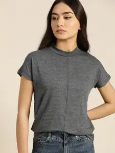ether Women Charcoal Grey Solid High Neck T-shirt