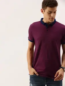 ether Men Maroon  Navy Blue Striped Polo Collar Pure Cotton T-shirt