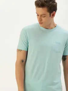 ether Men Turquoise Blue Solid Round Neck T-shirt