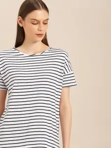 ether Women White  Black Striped Round Neck Pure Cotton T-shirt