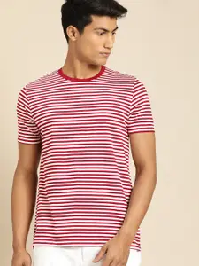 ether Men White & Maroon Striped Round Neck T-shirt