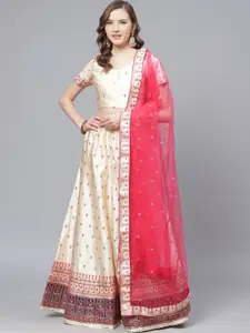 Mitera Off-White & Pink Embroidered Semi-Stitched Lehenga & Unstitched Blouse with Dupatta