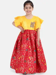BownBee Girls Red & Yellow  Printed Maxi Dress