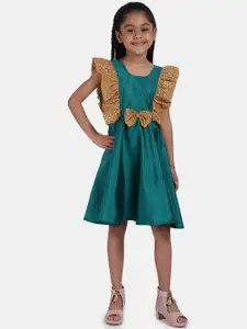 BownBee Girls Green & Gold-Toned Embellished Fit and Flare Dress