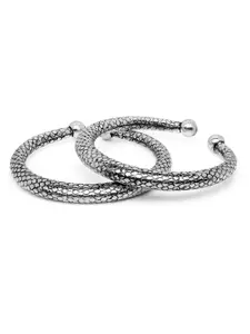 Fabstreet Set Of 2 Silver-Plated & Black Oxidized Textured Tribal Kada Anklets