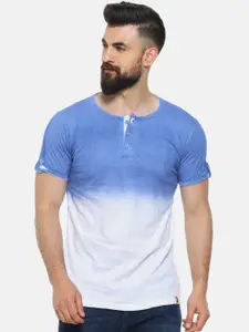 Campus Sutra Men Blue & White Dyed Henley Neck T-shirt