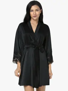 Amante Women Black Solid Satin Robe SLP70203