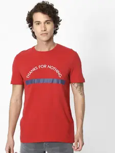 Celio Men Red Printed Round Neck Pure Cotton T-shirt