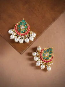Zaveri Pearls Gold-Plated & Green Crescent Shaped Drop Earrings
