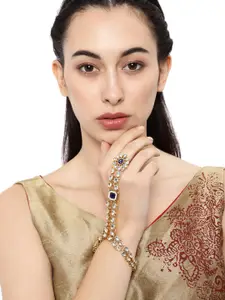 Zaveri Pearls Gold-Toned Blue Kundan Studded Bridal Collection Hand Harness Ring Bracelet