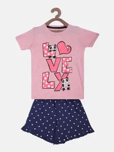 Lazy Shark Girls Pink & Blue Printed T-shirt with Shorts