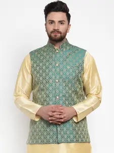Jompers Men Green & Gold-Toned Woven Design Nehru Jacket