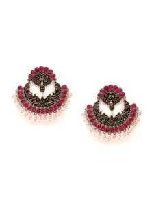 Fabstreet Red & Silver-Toned Oxidised Circular Tribal Chandbali Drop Earrings