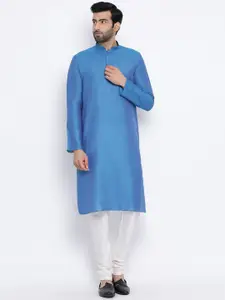 NAMASKAR Men Blue & White Solid Cotton Kurta with Churidar