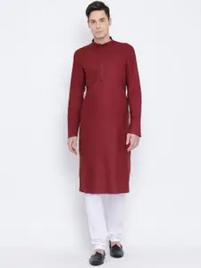 NAMASKAR Men Maroon & Maroon Solid Cotton Kurta with Churidar