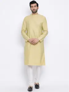 NAMASKAR Men Khaki & White Silk Solid Kurta with Churidar