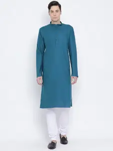 NAMASKAR Men Teal Blue & White Cotton Solid Kurta with Churidar