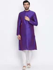 NAMASKAR Men Purple & White Solid Dupion Silk Kurta with Churidar