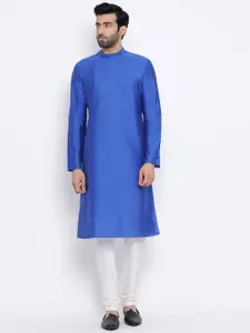 NAMASKAR Men Blue & Off-White Solid Kurta with Churidar