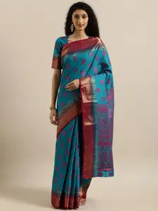 MIMOSA Teal & Pink Art Silk Embellished Kanjeevaram Saree