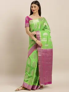 MIMOSA Green & Gold-Coloured Art Silk Woven Design Kanjeevaram Saree