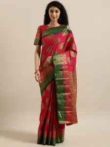 MIMOSA Red & Beige Art Silk Ethnic Motifs Woven Design Kanjeevaram Saree