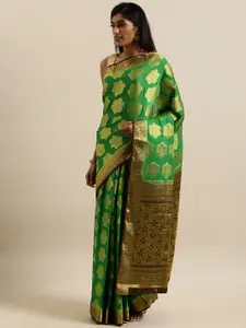 MIMOSA Green & Gold-Toned Poly Crepe Woven Design Mysore Silk Saree