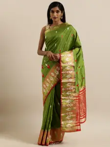 MIMOSA Olive Green & Red Art Silk Embroidered Kanjeevaram Saree
