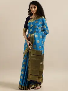 MIMOSA Blue & Gold-Toned Poly Crepe Woven Design Mysore Silk Saree