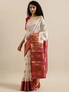 MIMOSA Off-White & Red Art Silk Woven Design Dharmavaram Saree