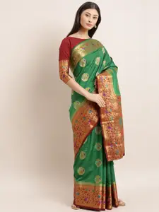 MIMOSA Green & Red Art Silk Embellished Dharmavaram Saree