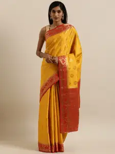 MIMOSA Mustard Yellow & Red Art Silk Woven Design Kanjeevaram Saree
