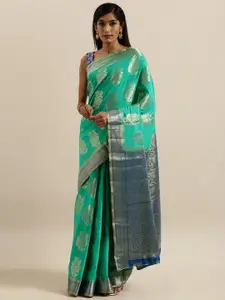 MIMOSA Green & Silver-Toned Art Silk Woven Design Kanjeevaram Saree