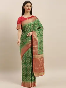 MIMOSA Green & Red Art Silk Embellished Kanjeevaram Saree