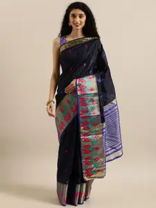 MIMOSA Black & Blue Art Silk Embroidered Kanjeevaram Saree