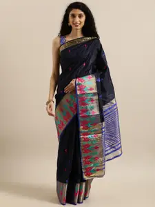 MIMOSA Black & Blue Art Silk Embroidered Kanjeevaram Saree