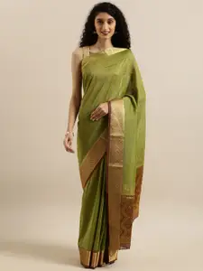 MIMOSA Olive Green & Gold-Toned Art Silk Solid Kanjeevaram Saree