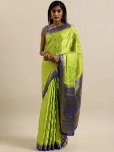 MIMOSA Lime Green & Blue Poly Crepe Woven Design Mysore Silk Saree