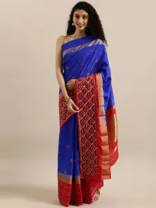 MIMOSA Blue & Red Art Silk Embroidered Kanjeevaram Saree