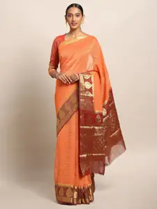 Mitera Orange Art Silk Solid Kanjeevaram Saree