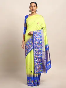 Mitera Yellow & Blue Art Silk Embroidered Kanjeevaram Saree