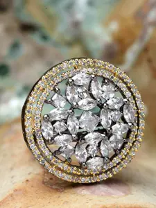 Bhana Fashion Rhodium-Plated Metallic-Toned & White AD-Studded Circular Finger Ring