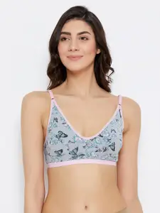 Clovia Grey Melange & Blue Floral Printed Non-Wired Non Padded Everyday Bra