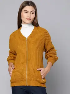 Chemistry Women Mustard Yellow Self Design Cardigan Sweater