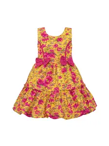 Wish Karo Girls Yellow & Pink Floral Printed Fit and Flare Dress