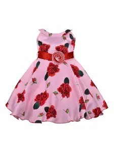 Wish Karo Girls Pink & Red Printed Fit and Flare Dress