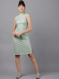 Tokyo Talkies Women Green & Silver-Toned Self Design Sheath Dress